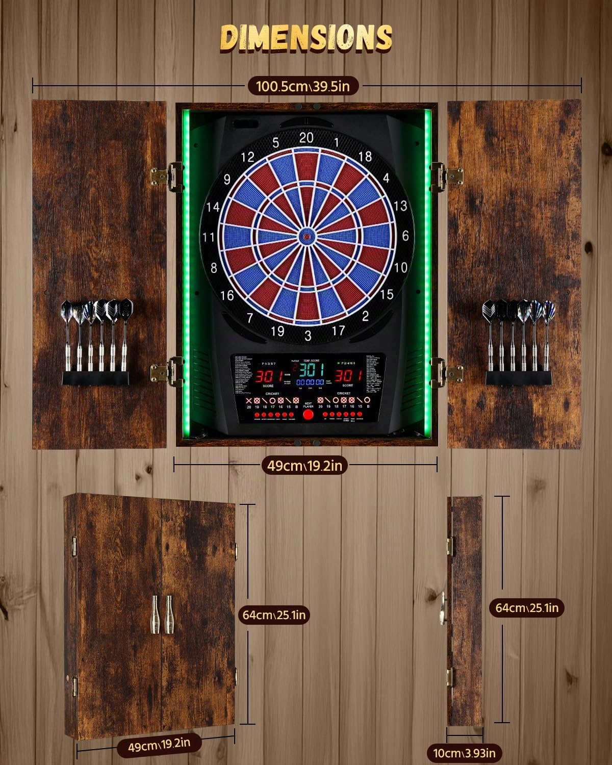 Jeu de Fléchette Électronique avec Cible LED 8 Couleurs, Armoire en Bois Rustique, 12 Fléchettes Bronze pour Maison & Bar