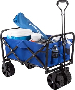 Foldable Wagon - Folding All-Terrain Utility Pull Cart with Extra Wide Wheels for Camping, Beach, Sports, Grocery Shopping by Wakeman Outdoor, Blue HW4700073