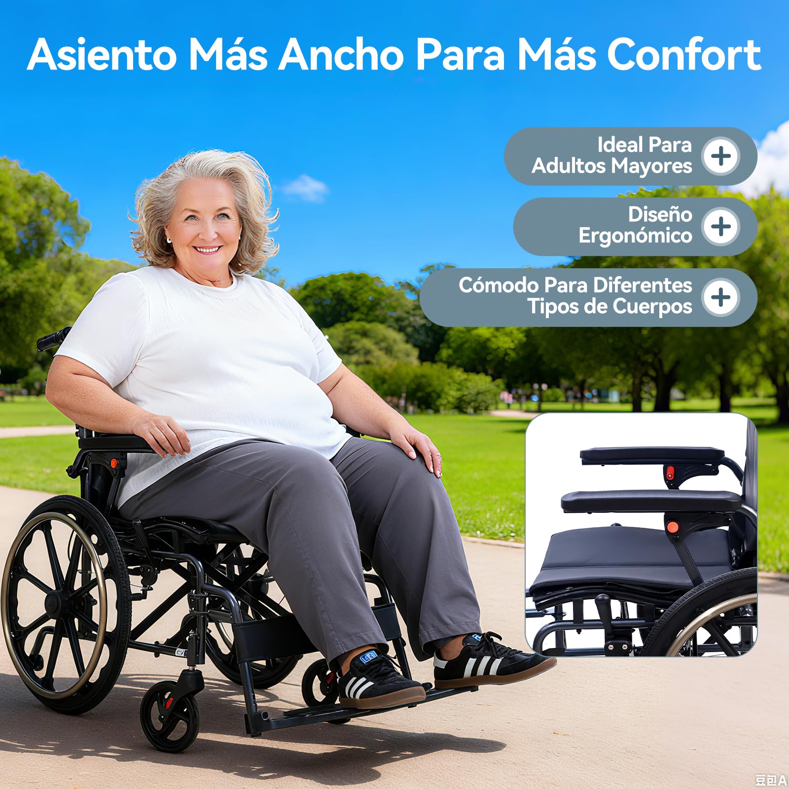 M4 Silla de ruedas plegable autopropulsable para adulto(11KG),asiento ancho 46cm, con reposapiés desmontables, ruedas antivuelco y sistema doble freno, capacidad 100KG,Ideal para cuidado y movilidad