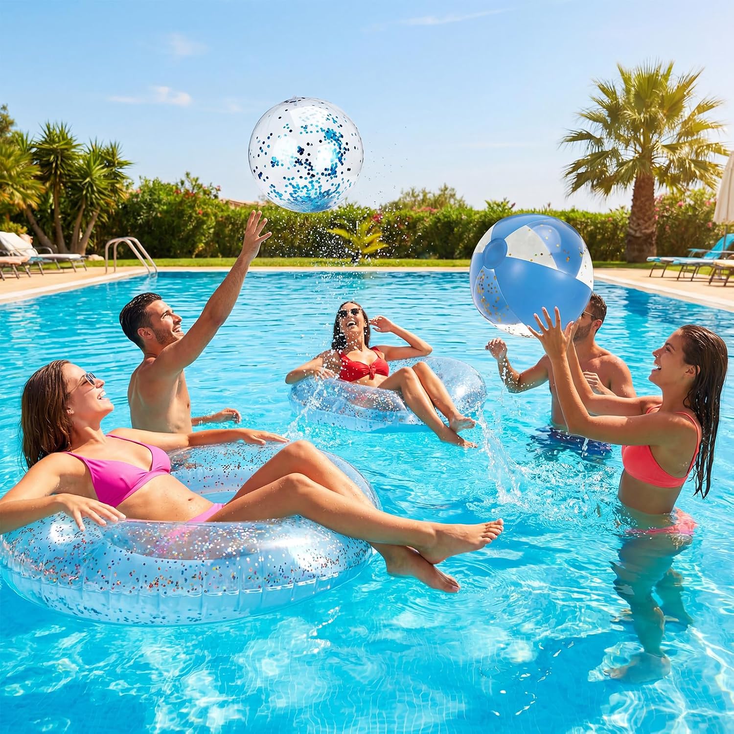 12 Pack Inflatable Pool Floats Bulk 4 Pcs 32.6'' Glitter Swim Tubes Rings and 8 Pcs 16'' Glitter Beach Balls for Adults Summer Swimming Beach Party Supplies