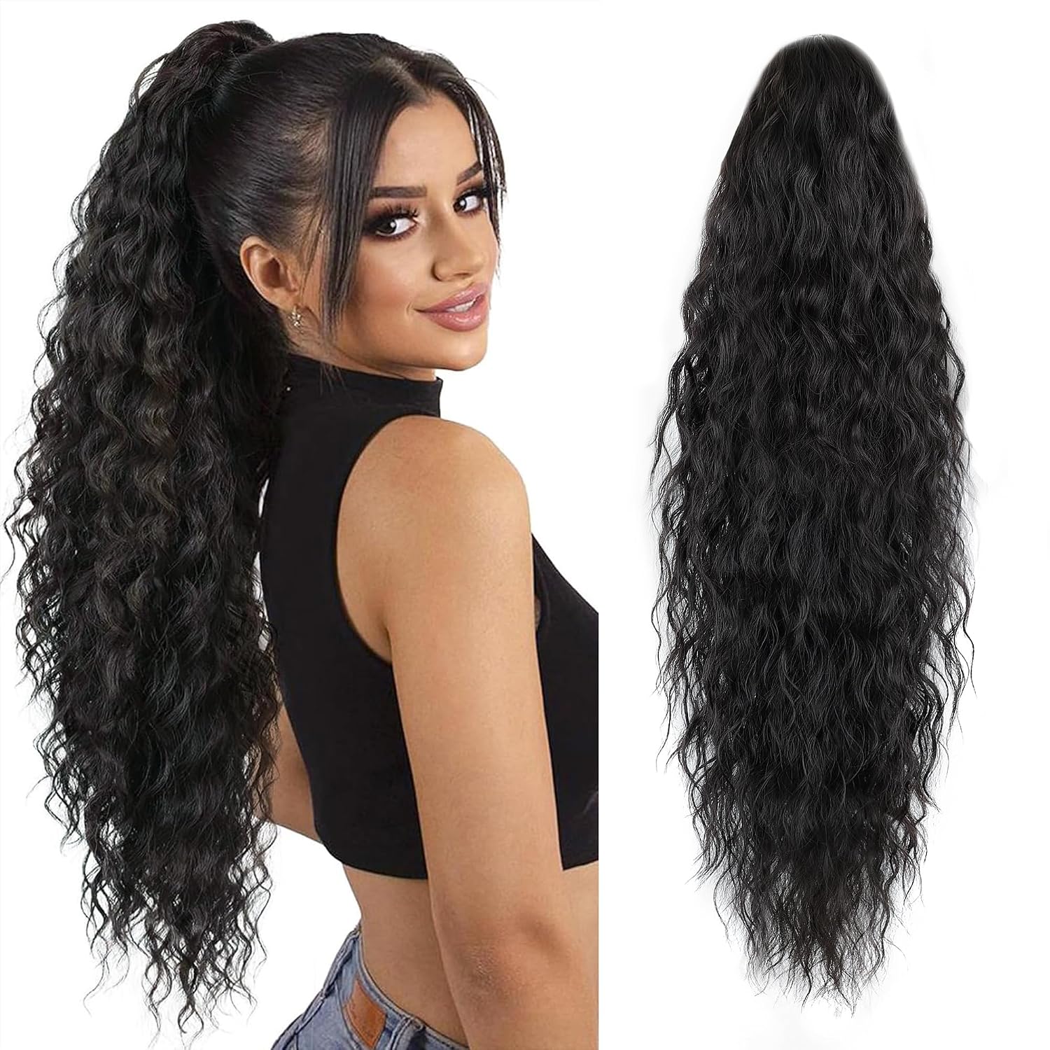 Vigorous 30" Long Wavy Claw Ponytail Black, Clip in Synthetic Hairpiece for Women, Fluffy Natural Looking for Daily Use
