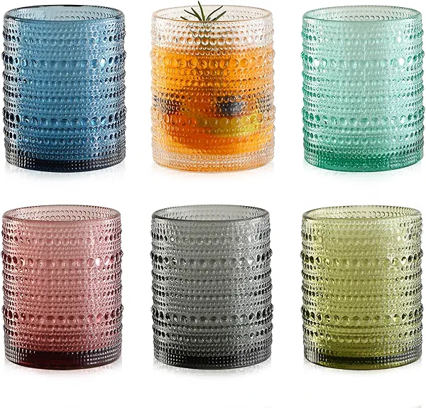 KMIGRUAN Colored Hobnail Drinking Glasses Set of 6,12oz Vintage Kitchen Glassware,Embossed Beaded Glass Cups,Water Tumbler for Cocktail,Juice and Various Mixed Drinks