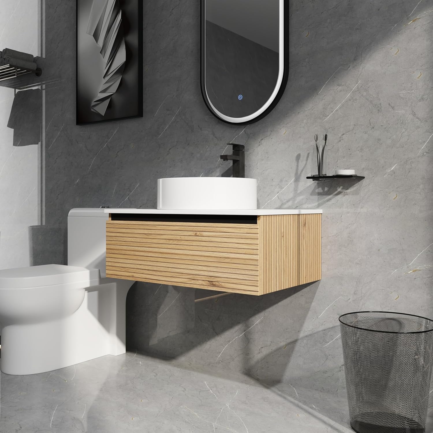 30" Bathroom Vanity with Sink, Floating Bathroom Sink Cabinet, Wall Mount Vanity Bathroom with Soft Close Drawer, Engineered Wood, White Ceramic Sink, Light Coffee