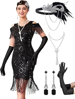 Great Gatsby Dresses 1920s for Women, Vintage Long Fringe Dress Roaring 20s Sequins Beaded Dress with Accessories Set - Buy now
