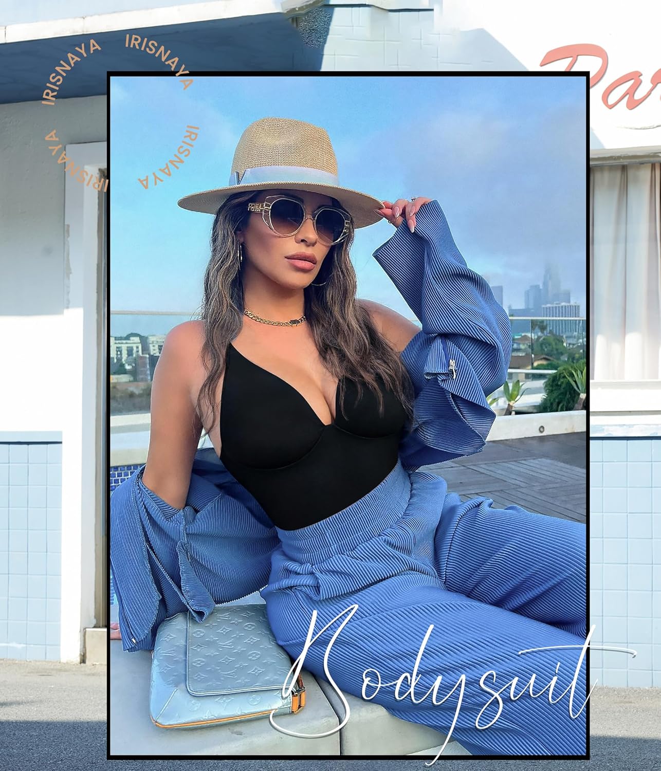 Irisnaya Women's Plunge Deep V Neck Bodysuits with Built in Bra Sleeveless Double Lined Body Suits Tops - Image 4