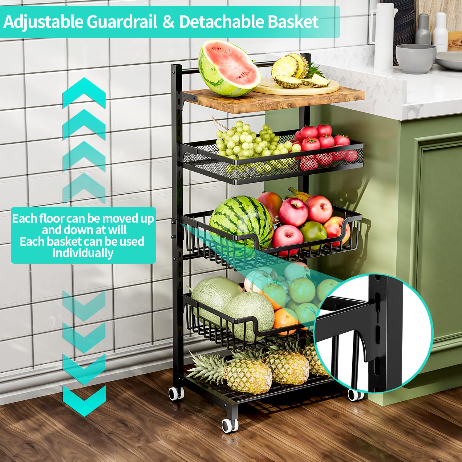 Opbergrek Keuken Fruit Groenterek Rollende fruitmand met wielen, 4-laags staande keukenplank, gaasrolwagen Multifunctionele gereedschapswagen met draaibare fruit- en groentebak