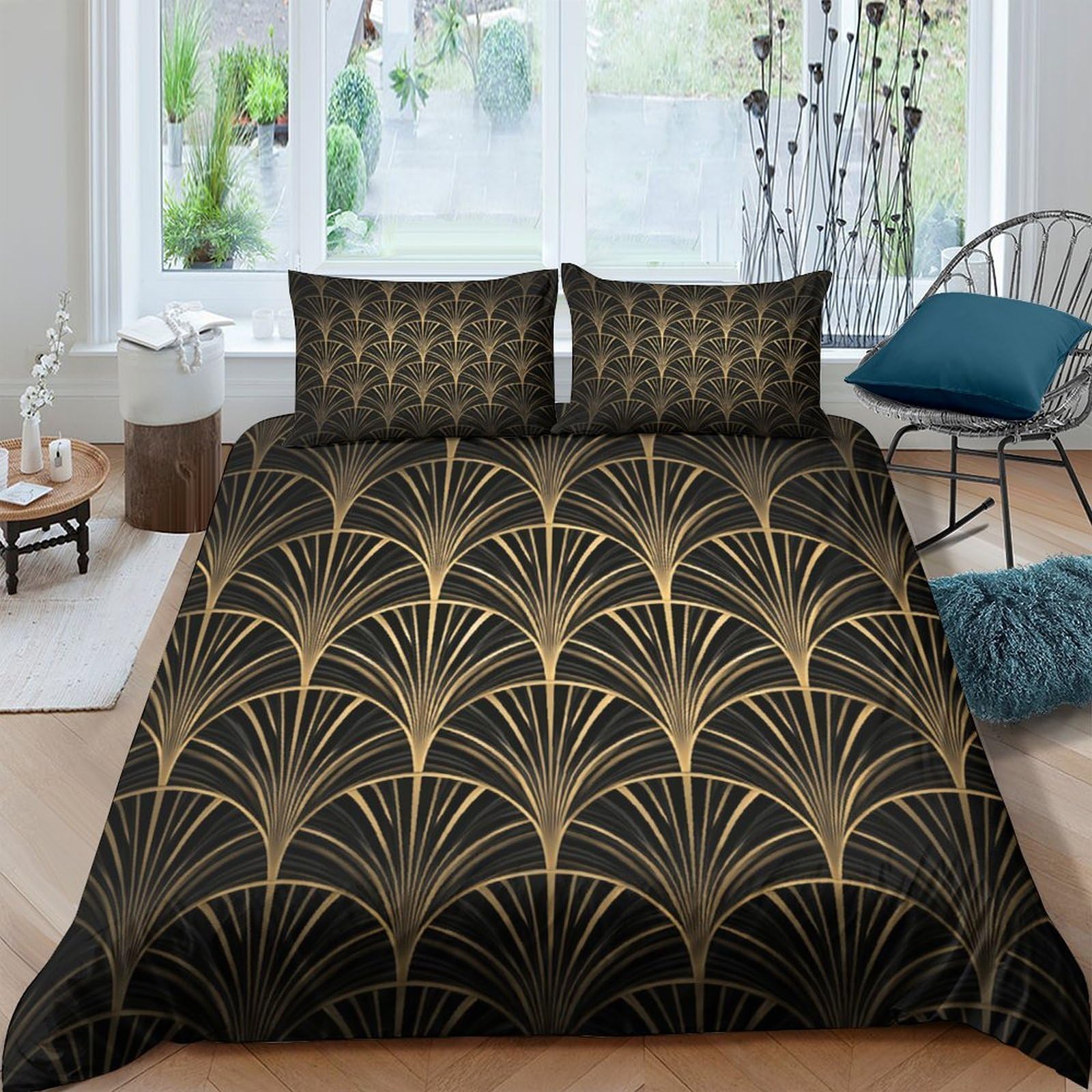 Ctjqhvkz Style-3 3D Printed Art Deco Geometric Fitted Sheet Microfiber Soft Breathable Gold Fan Mattress Cover Bedroom Decor Single（135X200cm）
