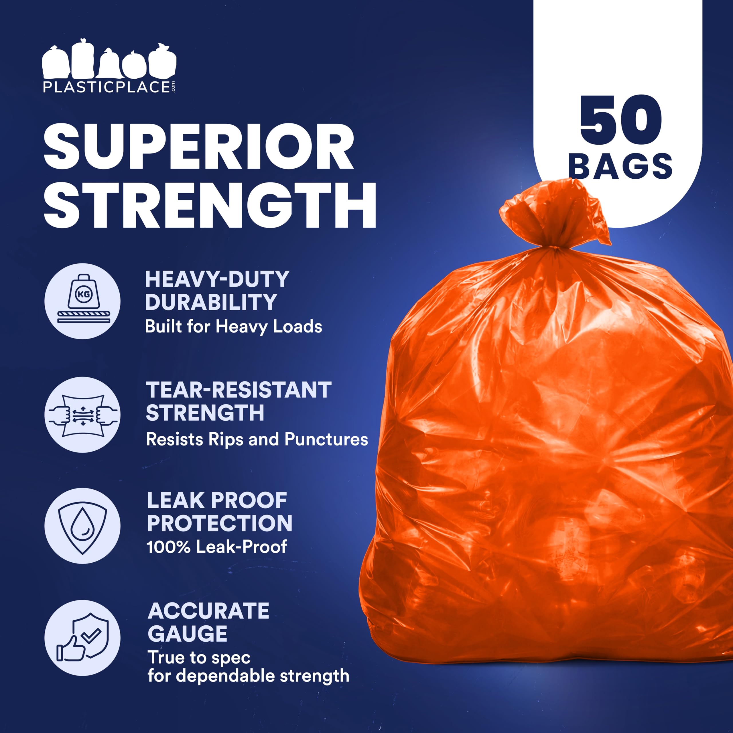 Plasticplace Bolsas de basura de 55 a 60 galones │ 1.2 mil │ Forros de basura resistentes naranjas │ 38 x 58 pulgadas (50 unidades)