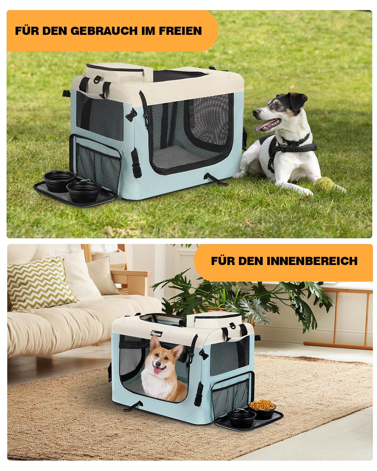 Hundebox M 60x42x42cm, Faltbar Hundetransportbox Inkl.Hundenapf, Tragbare Hundetasche für Reisen, Hunde und Katzen Auto Haustiertransportbox(M, Blau)