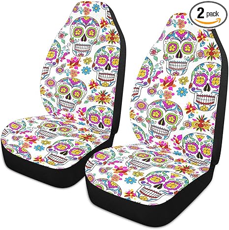 Sunlit Sugar Skulls Car Seat Covers Set of 2 Auto Front Seats Protector High Stretch Back Easy Install Bucket Seat Cover for Car, SUV, Truck
