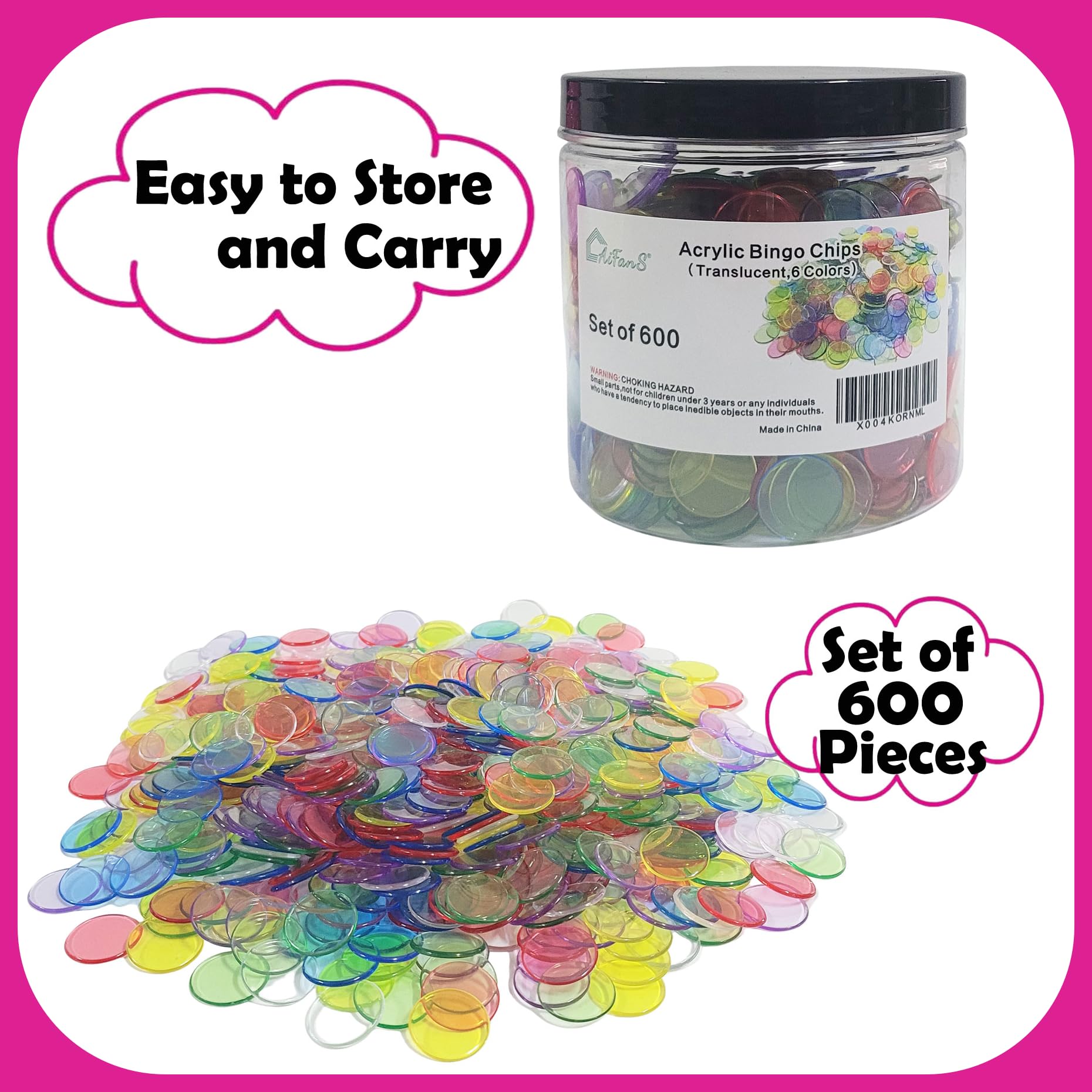 AiFanS 600 Pieces 3/4 Inch Bingbo Chips - Translucent Counting Chips with Portable Jar, 6 Vibrant Colors for Educational Games, Sorting & Counting Activities - Image 2