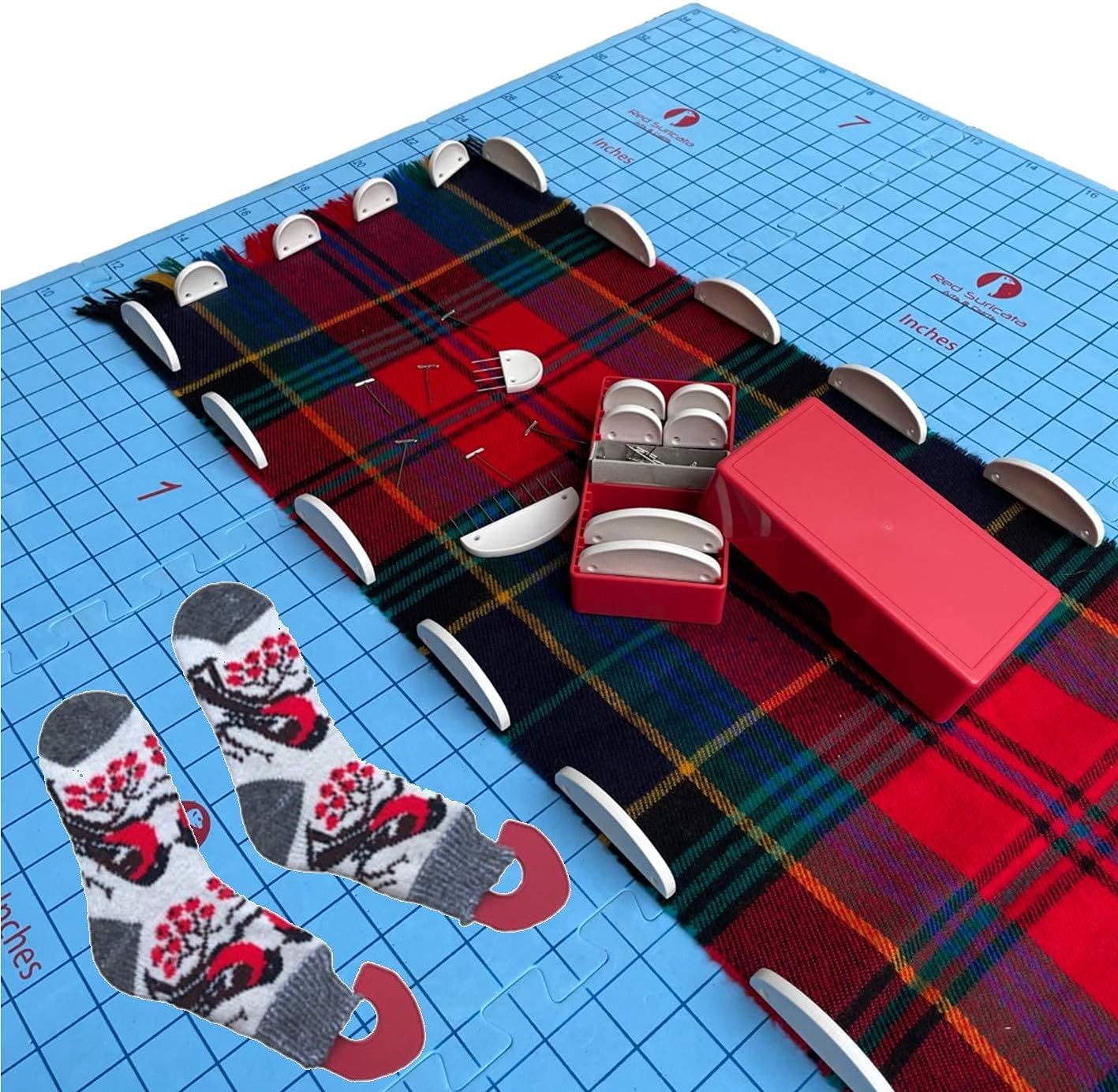 Red Suricata Knit Blocking Bundle – Extra Thick Blocking Mats for Knitting & Curved Knit Blocking Comb Set & Adjustable Sock Blockers - All in one Combined Storage Bag (CMs Grid)