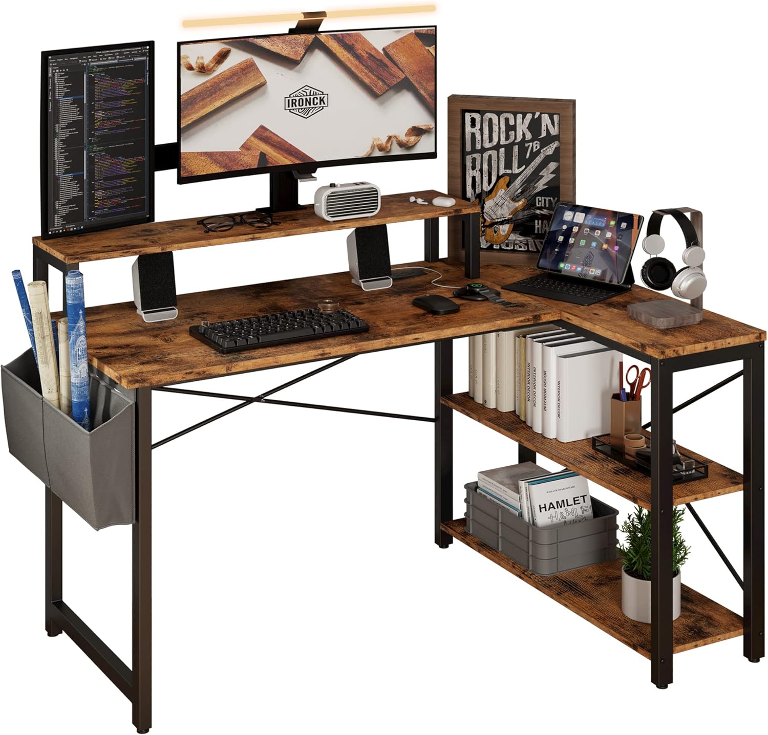 IRONCK L Shaped Desk with Charging Station and Storage Shelves, 47 inch Corner