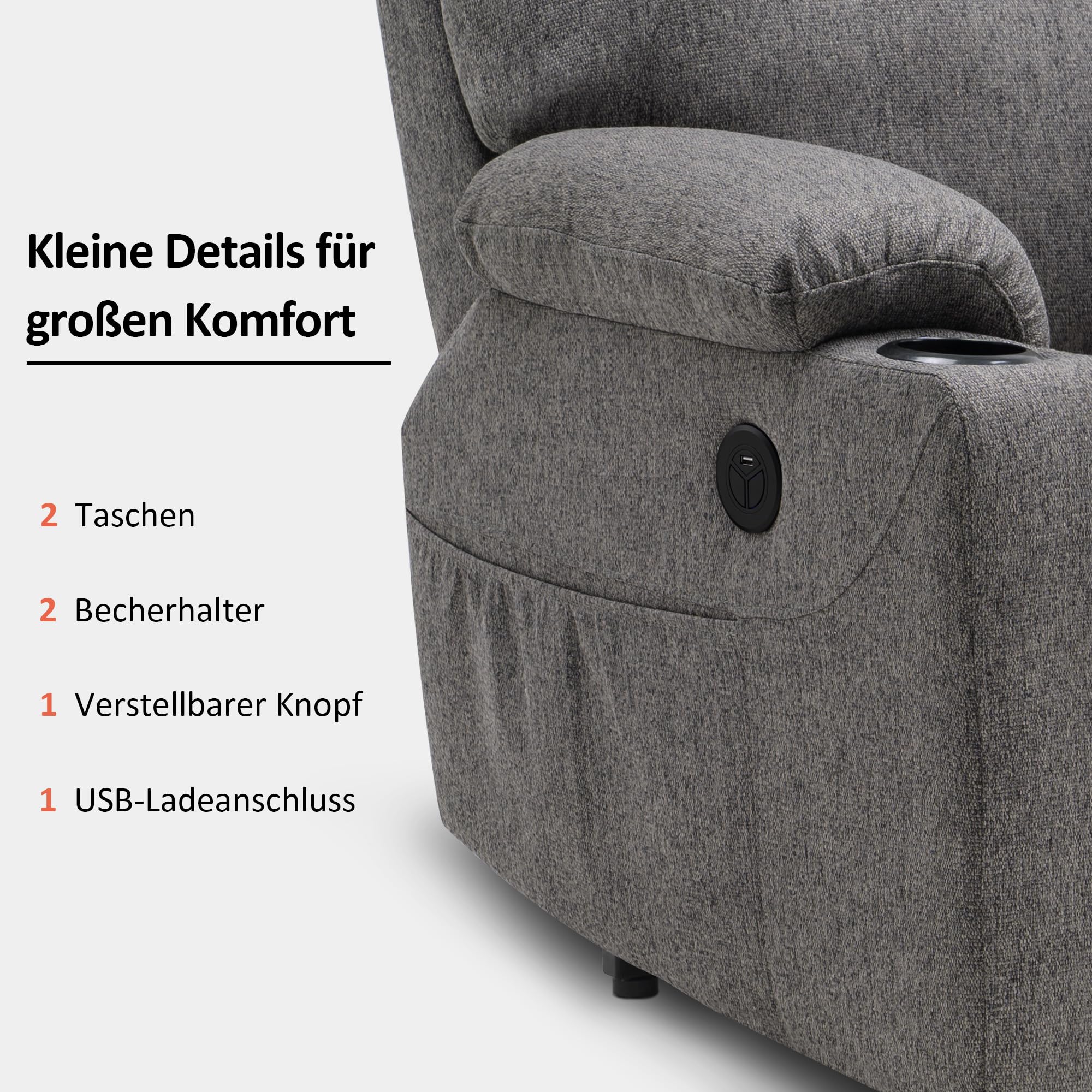 M MCombo Fauteuil Relax avec Aide à la levée électrique, Fauteuil Relax avec Fonction Inclinaison jusqu'à 140°, Massage et Chauffage, avec Port USB, 7040 (Gris-Tissu)