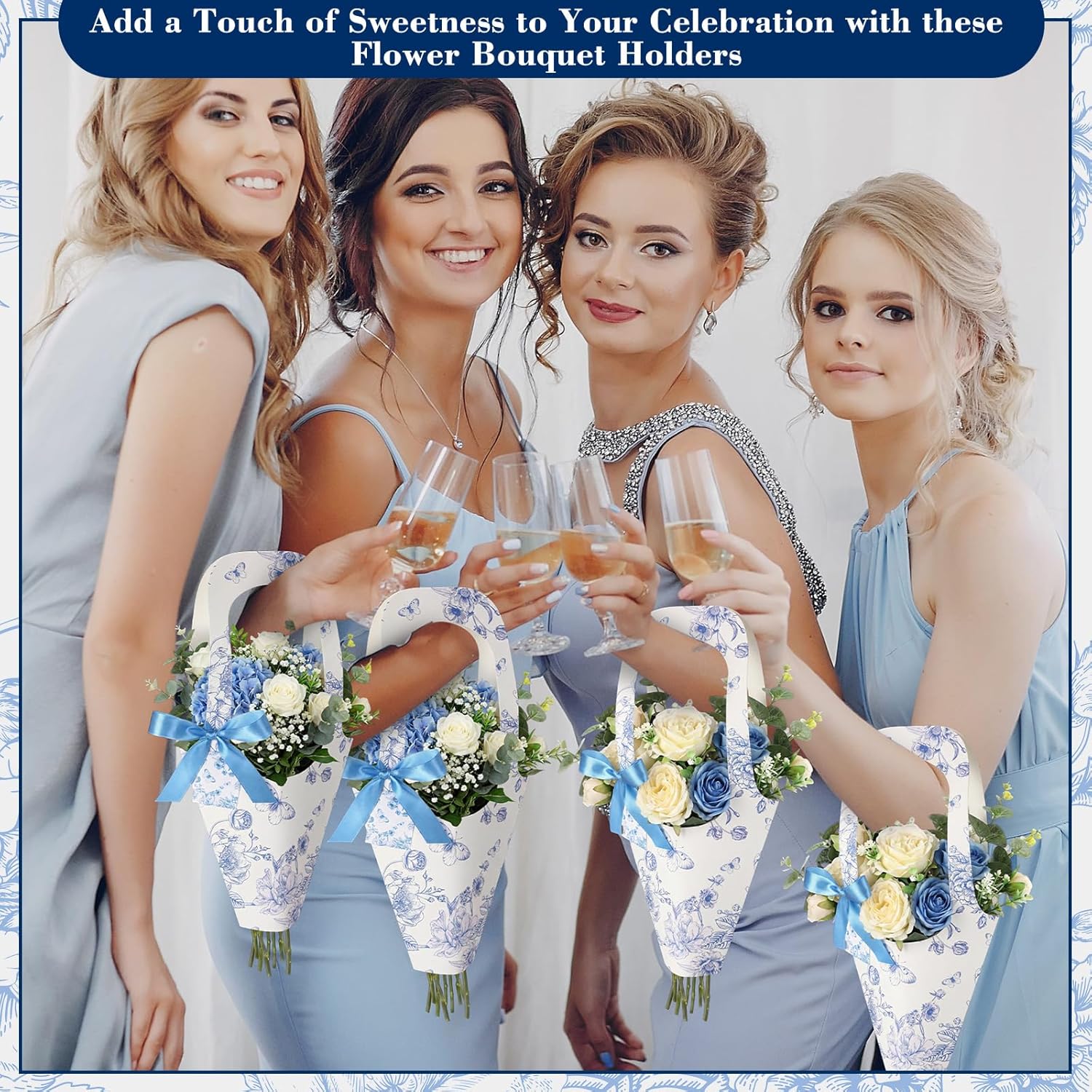 FunooFuno 24 Set Flower Bags for Bouquets Bouquet Holders with Handle Floral Sleeves Kraft Paper Bags Ribbons Gift Cards for Mother's Day Wedding Bridal Baby Shower Florist Bar Supplies(Blue Floral)