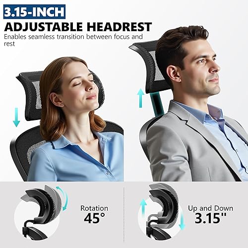 Miniatura 8 de Silla de oficina ergonómica, silla de escritorio de malla con reposacabezas ajustable y soporte lumbar, silla de computadora con ruedas con