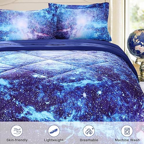 Miniatura 3 de Wowelife Galaxy Bedding - Juego de edredón de 5 piezas para niños y niñas con edredón, sábana encimera, sábana bajera y 2 fundas de almohada, tamaño