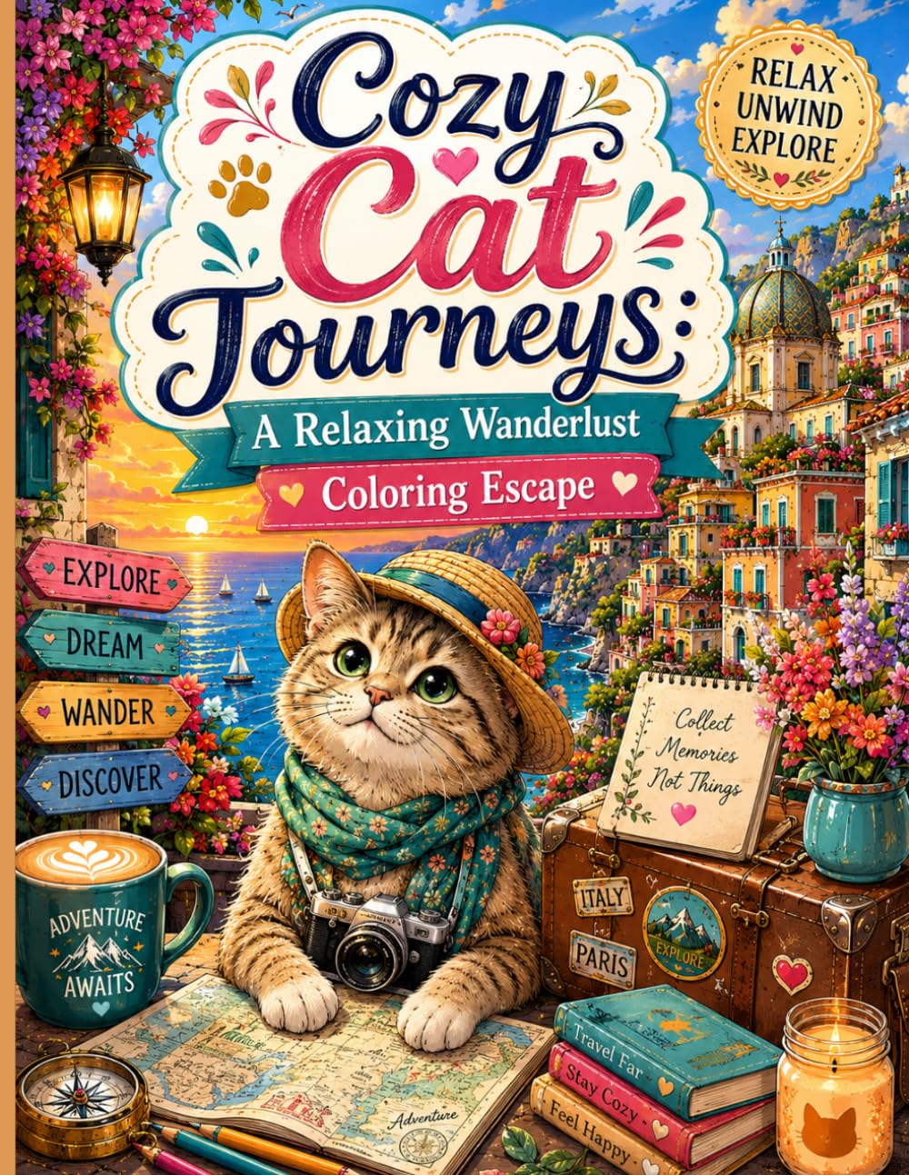 Cozy Cat Journeys: A Relaxing Wanderlust Coloring Escape