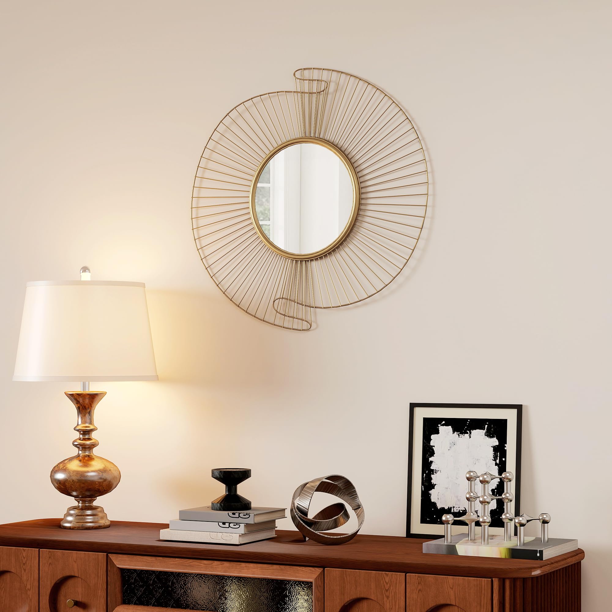 HOMCOM Decorazione Murale Specchio da Parete Rotondo, Specchiera Moderna con Strisce in Metallo e Design Plissettato, Wall Art per Soggiorno, Camera e Ingresso, 60x60 cm, Oro