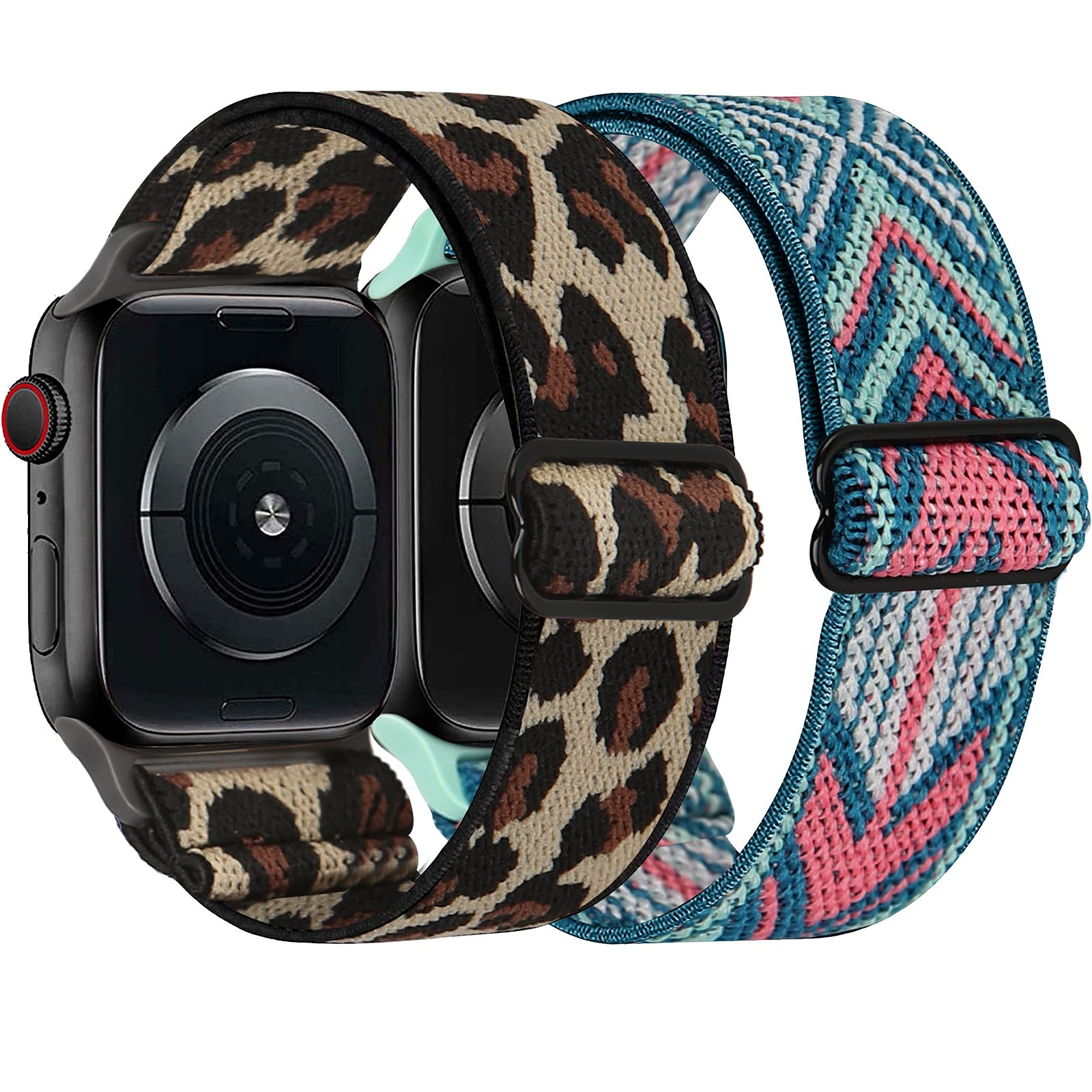 EAPOKCY Stretchy Nylon Solo Loop Bands Compatible with Apple Watch 38mm 40mm 41mm 42mm 44mm 45mm, Adjustable Braided Sport Elastic Straps Women Men Wristbands for iWatch Series 7/6/5/4/3/2/1 SE, 2 Pack