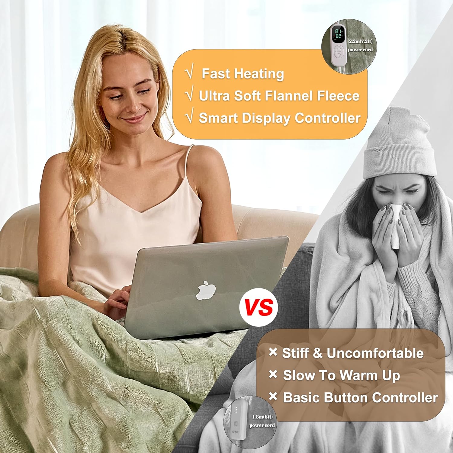 IUUI Heated Blanket Electric Queen Checkered- 84x90 Inches Soft Flannel Heating Blanket,Fast Heating Blanket 6 Heating Levels & 2 Hours Auto Off ETL Certification (Sage Green, Queen 84" x 90")