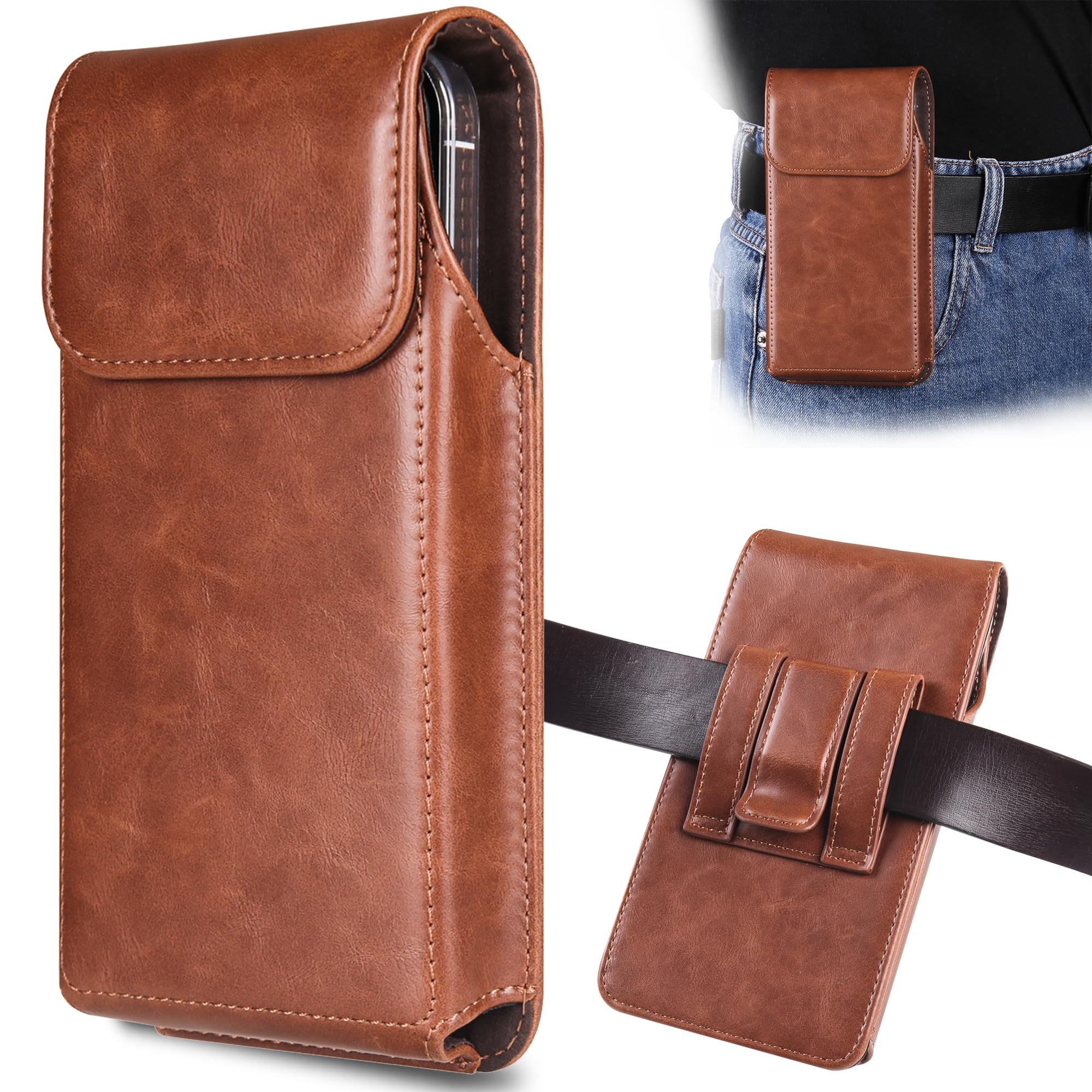 INGIDO Holster for iPhone 15 Pro Max 14 Pro Max 13 Pro Max 12 Pro Max 11 Pro Max 15 Plus 14 Plus, Premium Leather Pouch with Belt Clip Phone Holster Belt Case, Brown -L