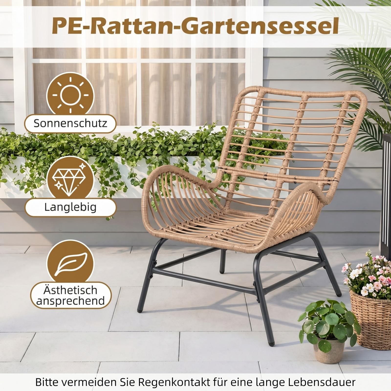 COSTWAY 2er Set Gartenstühle Rattan Wetterfest, Gartensessel mit dickem Kissen, Rattansessel XXL, Terrassenstühle, Rattanstühle bis 150 kg belastbar, für Garten, Terrasse, Balkon (Weiß)