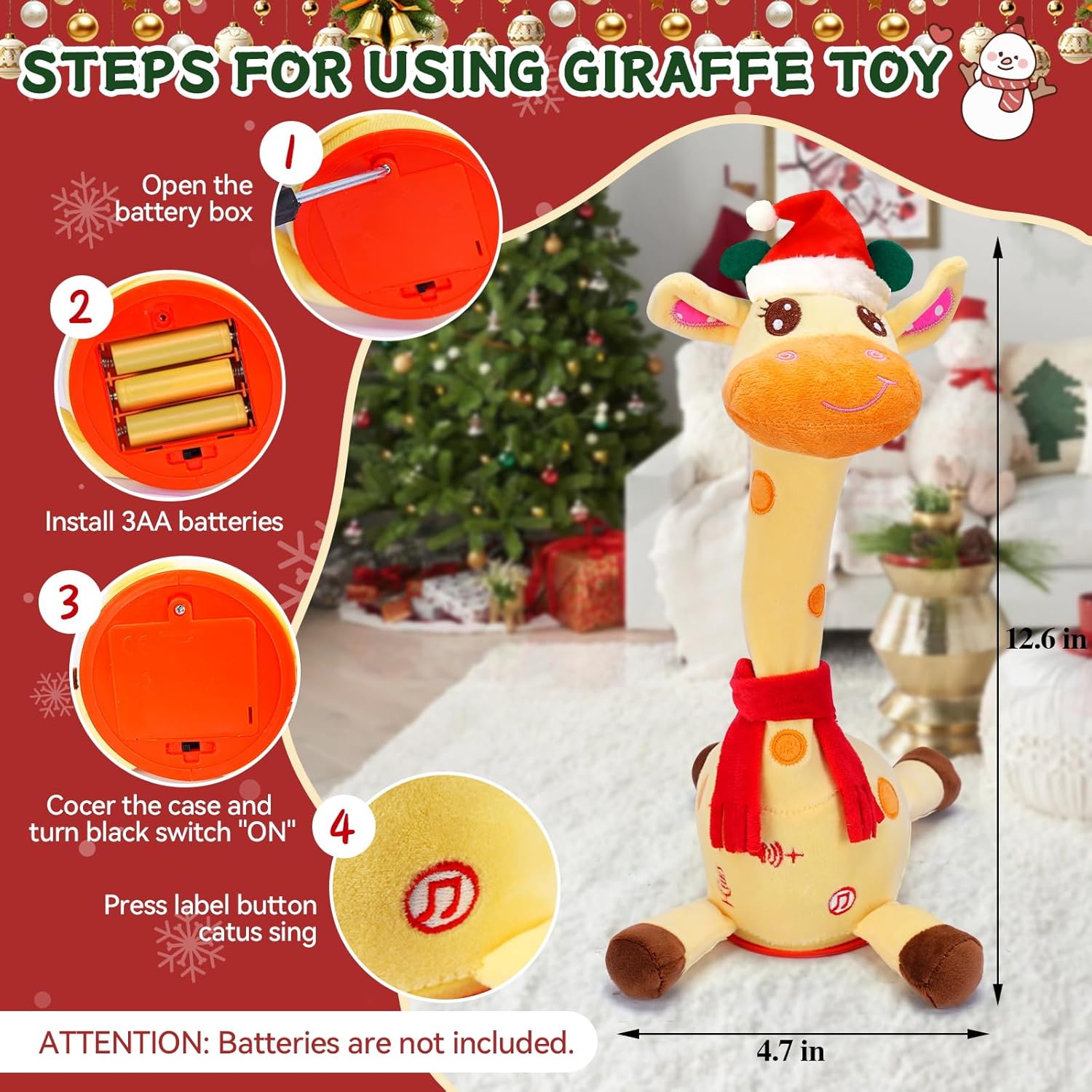 Christmas Dancing Giraffe Toy Stuffed Plush, Cute Interactive Baby Toys - Singing 60 Children Songs, Recording & Repeating, Led Light, Adjustable Volume - Birthday Gift for Toddler, Christmas Giraffe