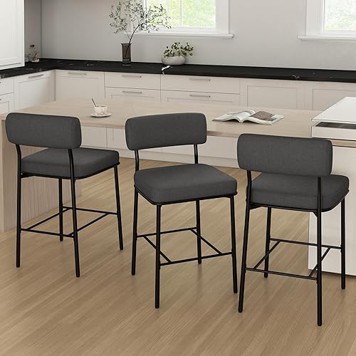 Vista 13 de Juego de 3 taburetes de bar de altura de mostrador de 26 pulgadas, taburetes de bar tapizados con respaldo, cuero sintético negro, sillas de altura
