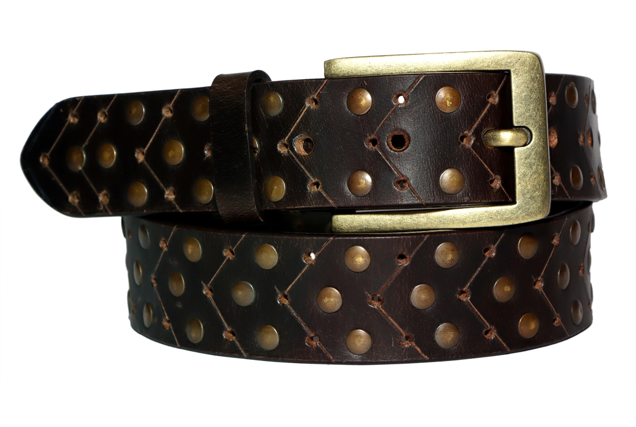 Leather Belt with Brass Studs and Buckle, Diagonal Pattern, Dark Brown-image-31