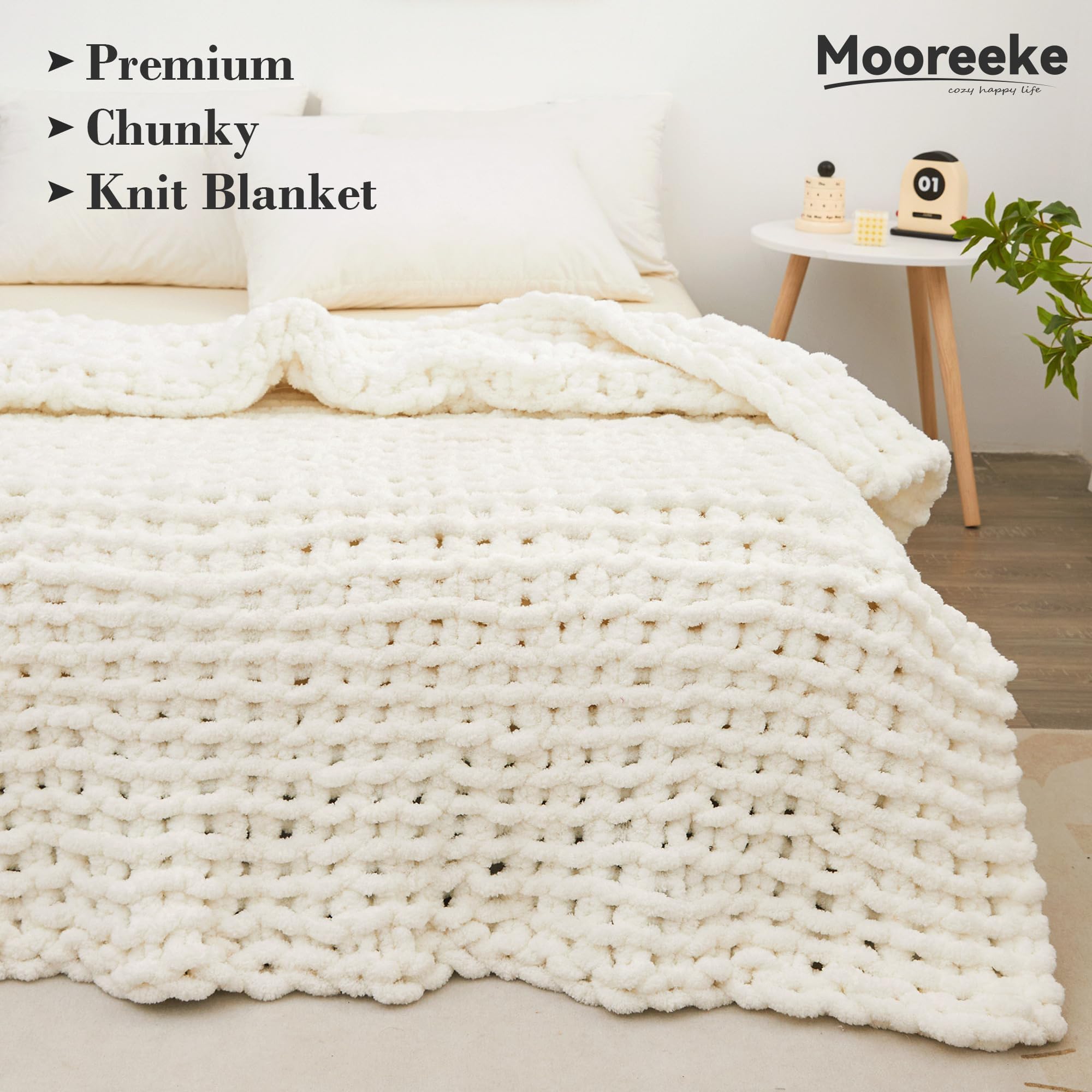 Mooreeke Chunky Knit Blanket 40"x50" White Cream Soft Washable Chenille Throw Blanket Cozy Handmade Crochet Blankets with Jumbo Chenille Yarn for Couch Bed Sofa Room Decor