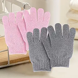 4 luvas esfoliantes de lavagem, esponjas de banho, luvas de banho de textura dupla para esfoliação corporal de chuveiro, limpeza profunda remove a pele morta para mulheres e homens (rosa + cinza)