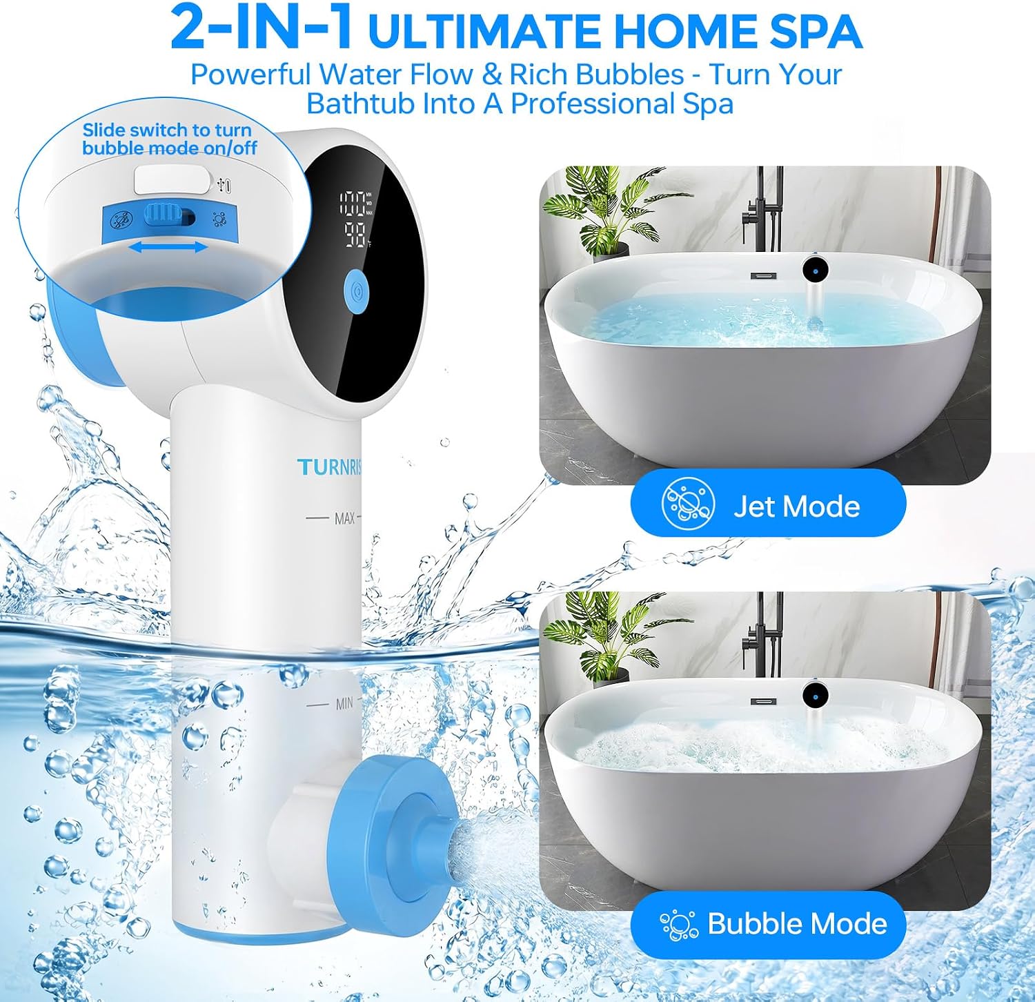Portable Bath Tub Jet: 8800mAh Cordless Bath Jets for Tub with Vacuum-Lock Suction & Smart Display - Jet/Bubble Mode, 3-Level Intensity Bathtub Jets for Tub for Home Use image 5