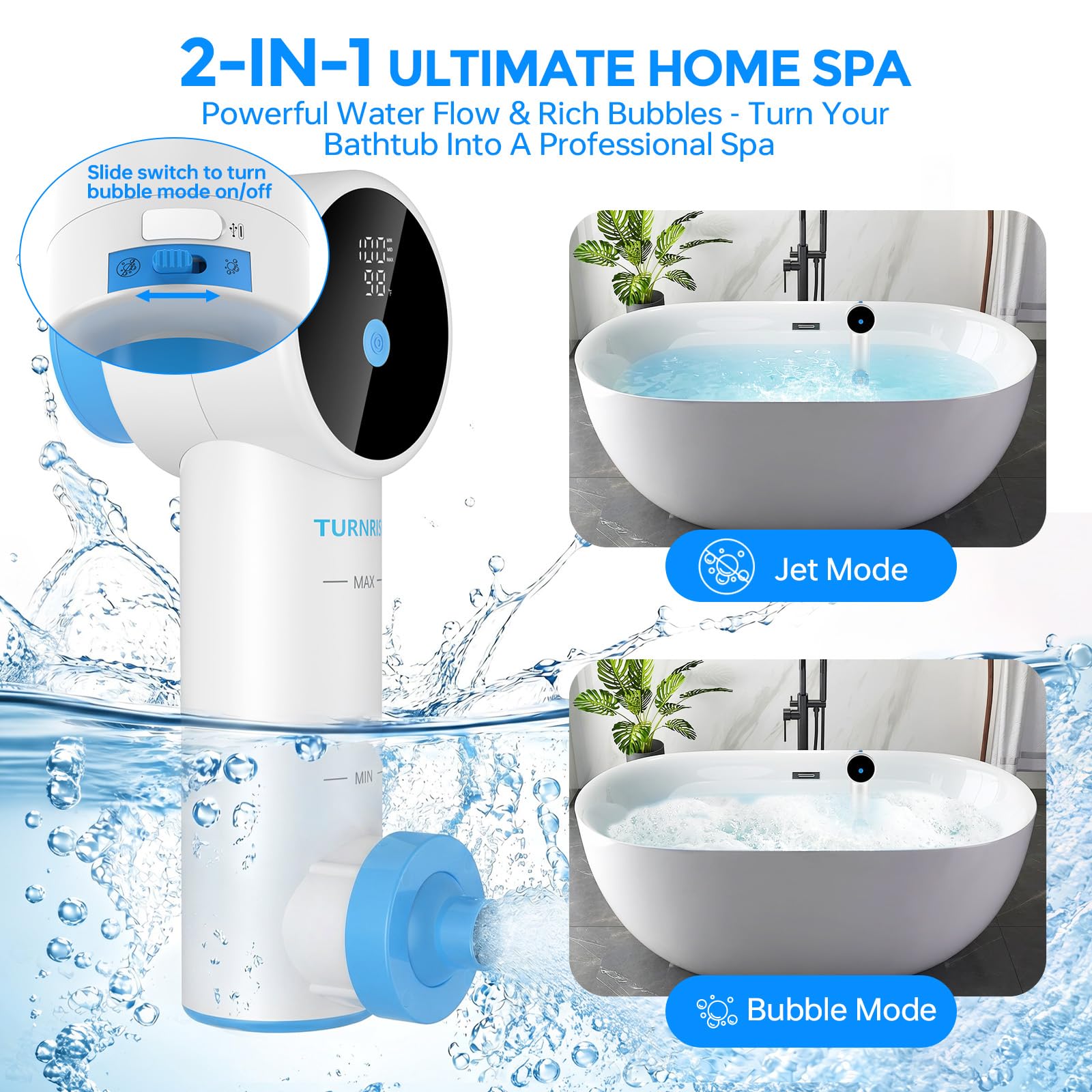 Bath Jet Spa – Spa doméstico inalámbrico para la bañera con 3 niveles de intensidad de masaje, masaje por chorros y modo de burbujas; incluye pantalla inteligente y soporte de ventosa