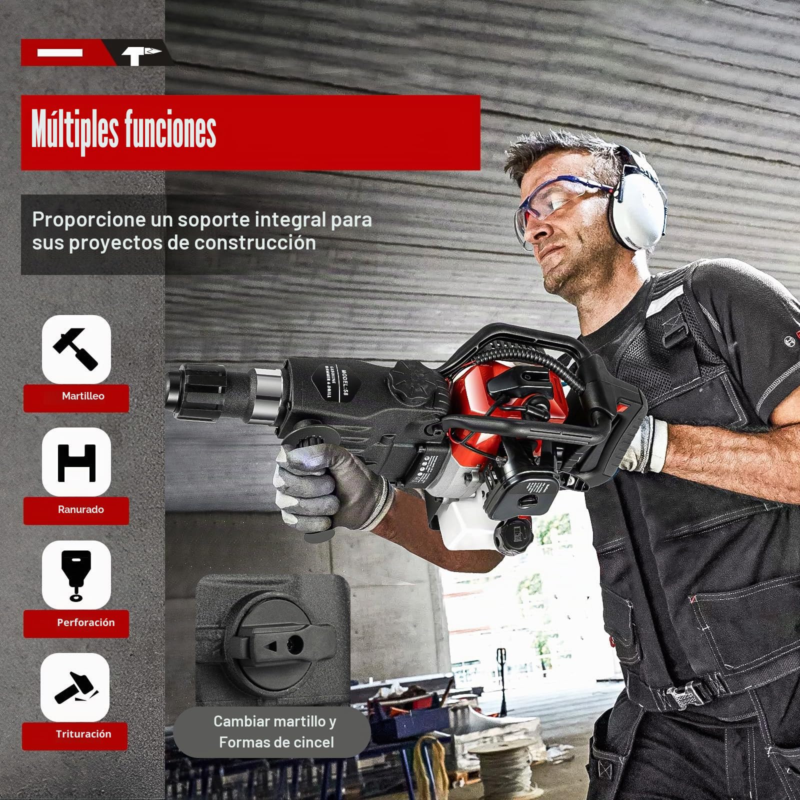 Martillo de demolición de gasolina, 33 CC, 2 tiempos, con 3 brocas y depósito de combustible, martillo cincelador moderno de 30 J, martillo perforador de 1000 W, martillo triturador de hormigón