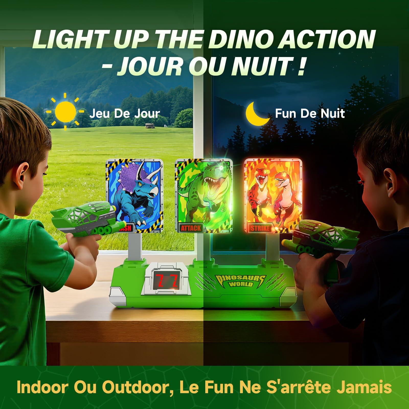 Dinosaure Jouet Pistolet avec Lumineux Cible Tir Electronique Automatiques, Dinosaur Jeux Exterieur Enfant 3-12 Ans Cadeau Garcon 3 4 5 6 7 8 9 10 11 Ans Jouet Enfant 4-9 Garçon Cadeaux Anniversaire