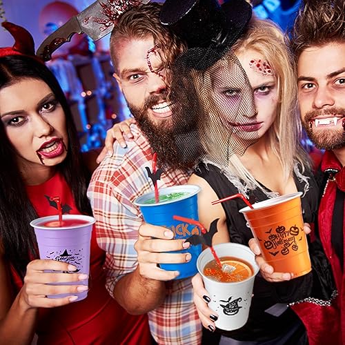 Miniatura 9 de Paquete de 50 vasos desechables de Halloween, coloridos vasos de plástico desechables de 16 onzas, 5 estilos para regalos de fiesta de Halloween,