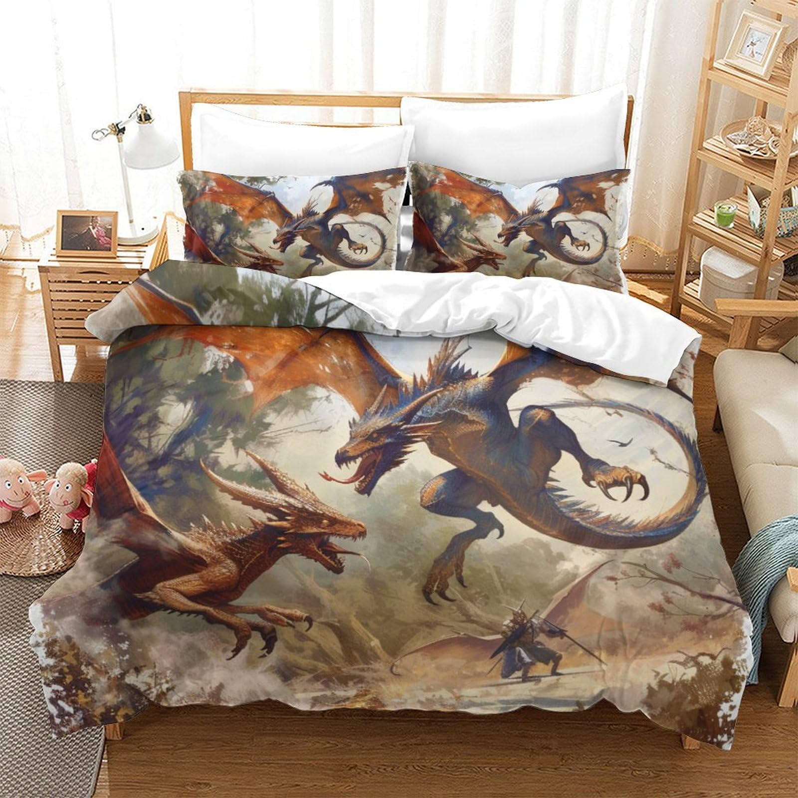 Parure de lit ptérosaure de feu 3D Super King 260x220 cm avec housse de couette et taies d'oreiller