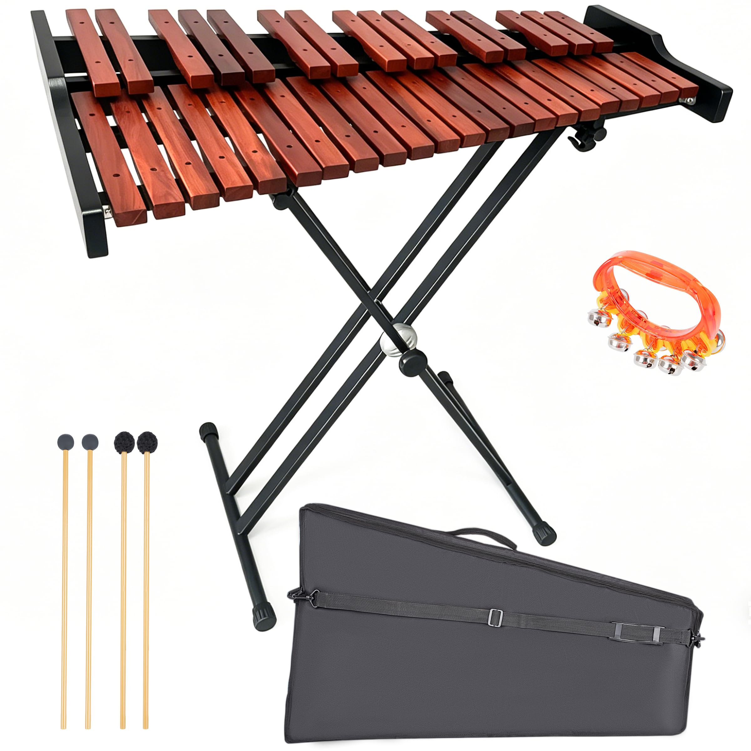 37 Note Xylophone Professional Wooden Glockenspiel, Upgraded Arched Frame for Better Resonance, with Height Adjustable Stand, 4 Mallets, Hand Bell and Carry Bag (Black)