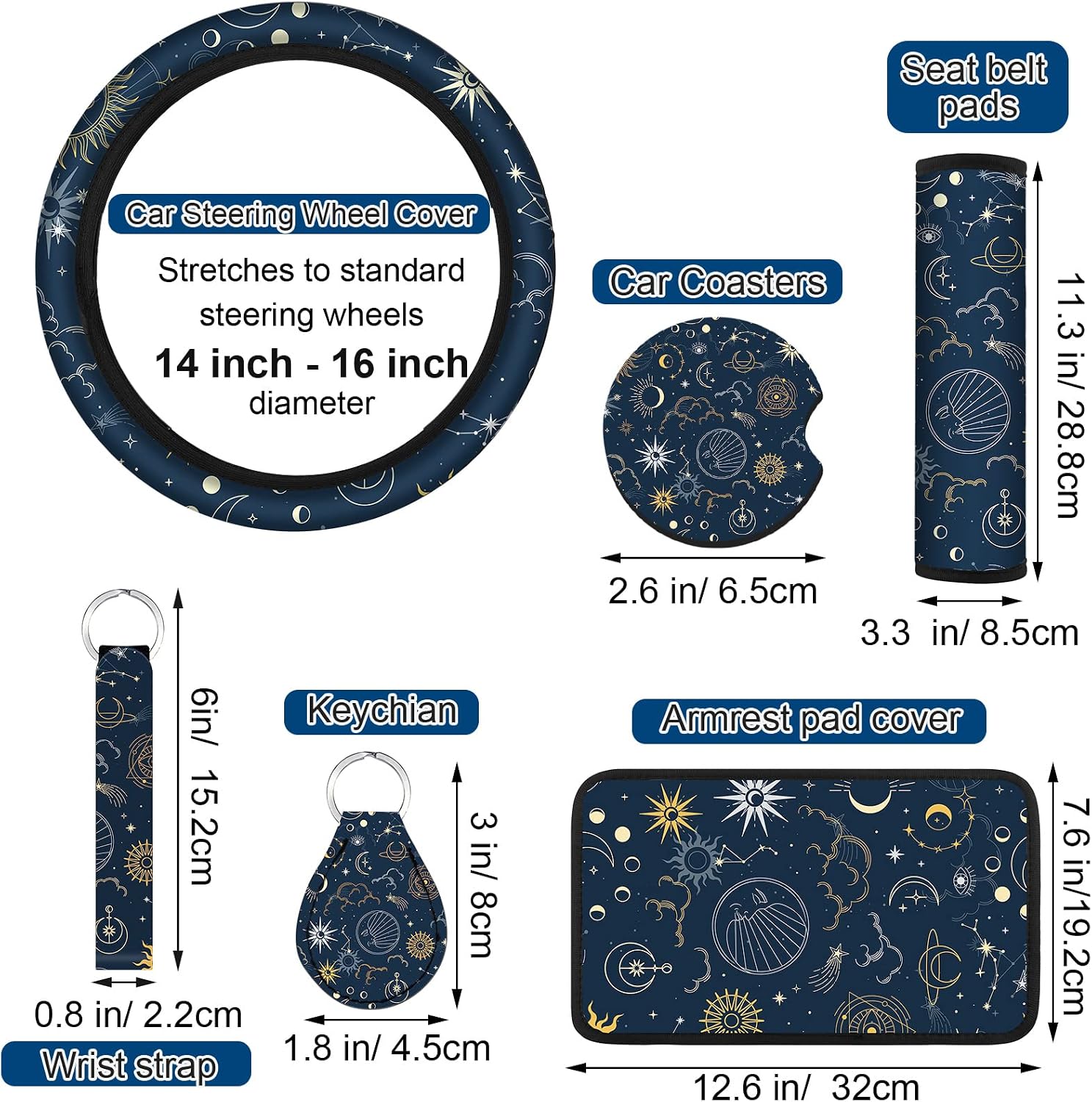 Tallew 10 Pcs Sun and Moon Car Seat Covers with Car Steering Wheel Cover Cup Holder Keyring Armrest Pad Seat Belt Pads Wrist Strap Decor Accessories for Vehicle, Sun and Moon Style