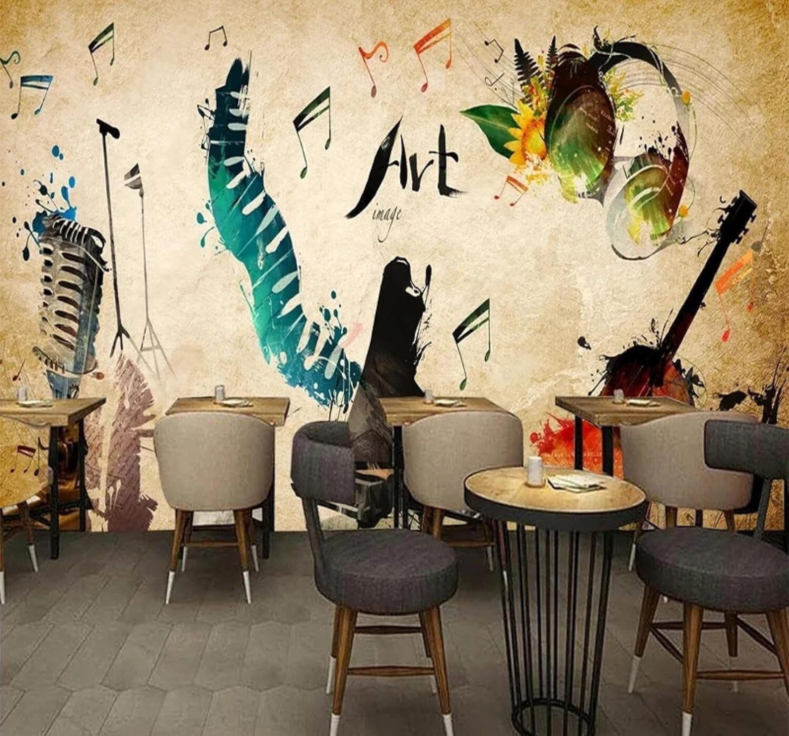 Xlming 300Cm×210Cm(B×H) Creative Retro Graffiti Musical Instruments Guitar 3D Wallpaper Luxury Home Dining Decor Paste Sofa Living Room The Wall For Bedroom Mural-300Cm×210Cm
