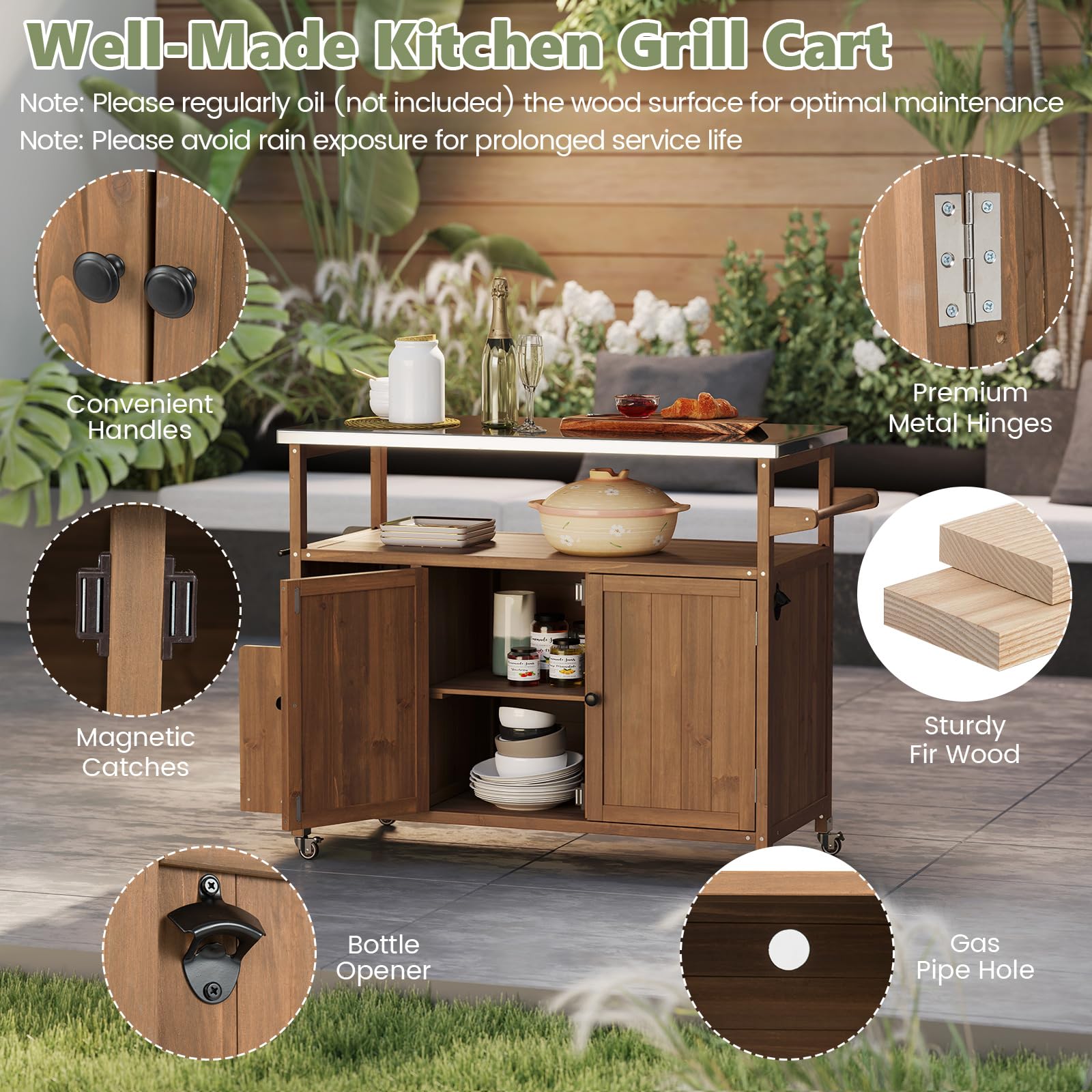FANTASK Grillwagen Outdoor, Servierwagen mit Edelstahlplatte, Ablagen, Schrank & Gewürzregal auf Rollen für BBQ, 130 x 47 x 92 cm (1 Tür-118 x 47 x 92 cm)