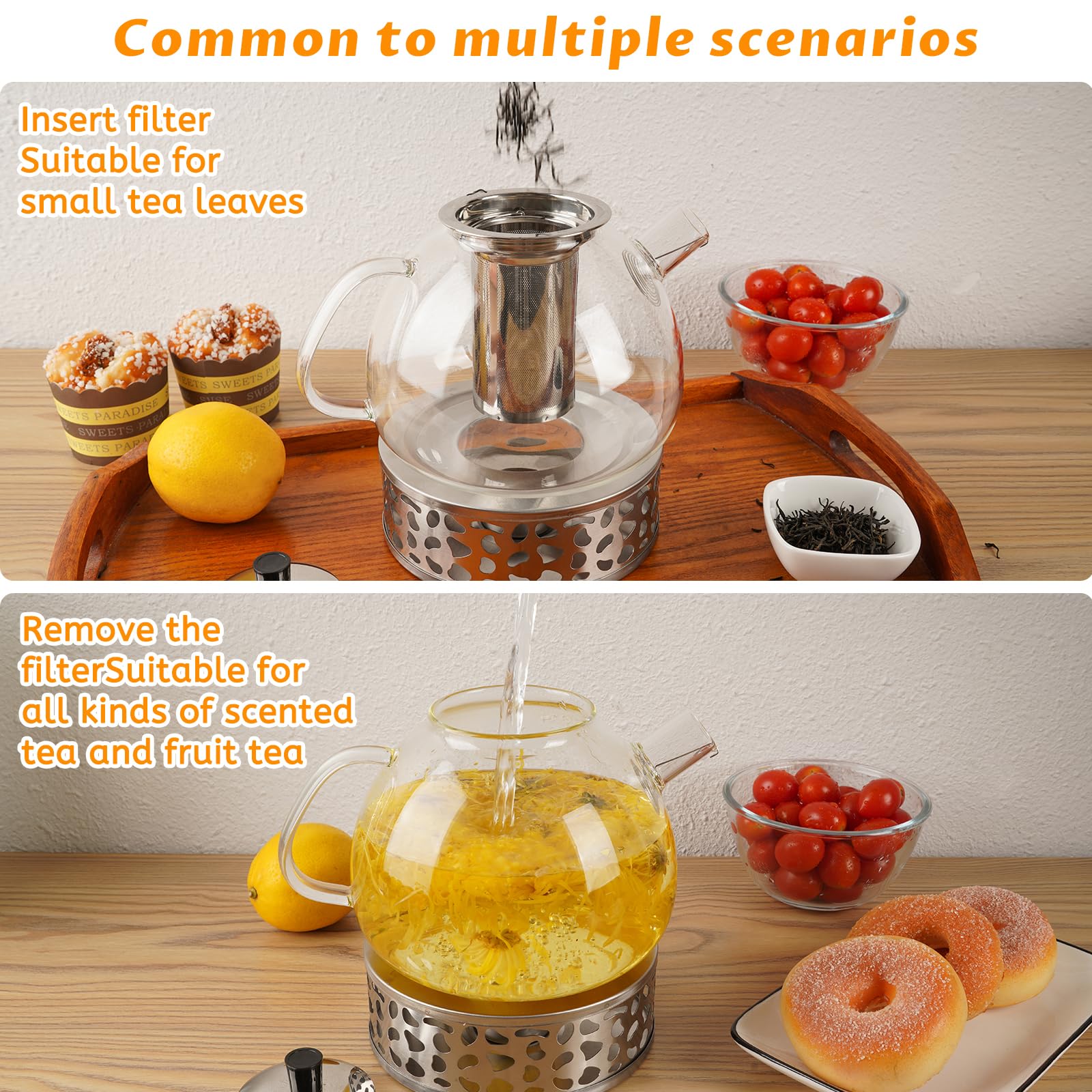 Teiera con Infusore 1,6 litri, Teiera Vetro Trasparente Riscaldabile con Filtro Rimovibile in Acciaio Inossidabile, Adatto per tè Profumato, tè Verde, tè Nero (Théière)