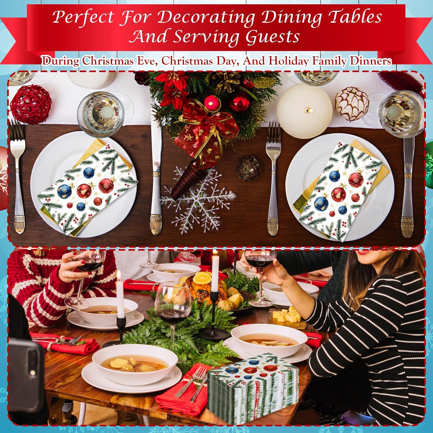 170 Pcs Christmas Paper Napkins Disposable Guest Napkins 2 Ply Decorative Christmas Balls Holiday Xmas Dinner Hand Napkin for Party, Kitchen, Bathroom, Holiday Xmas Table Decoration
