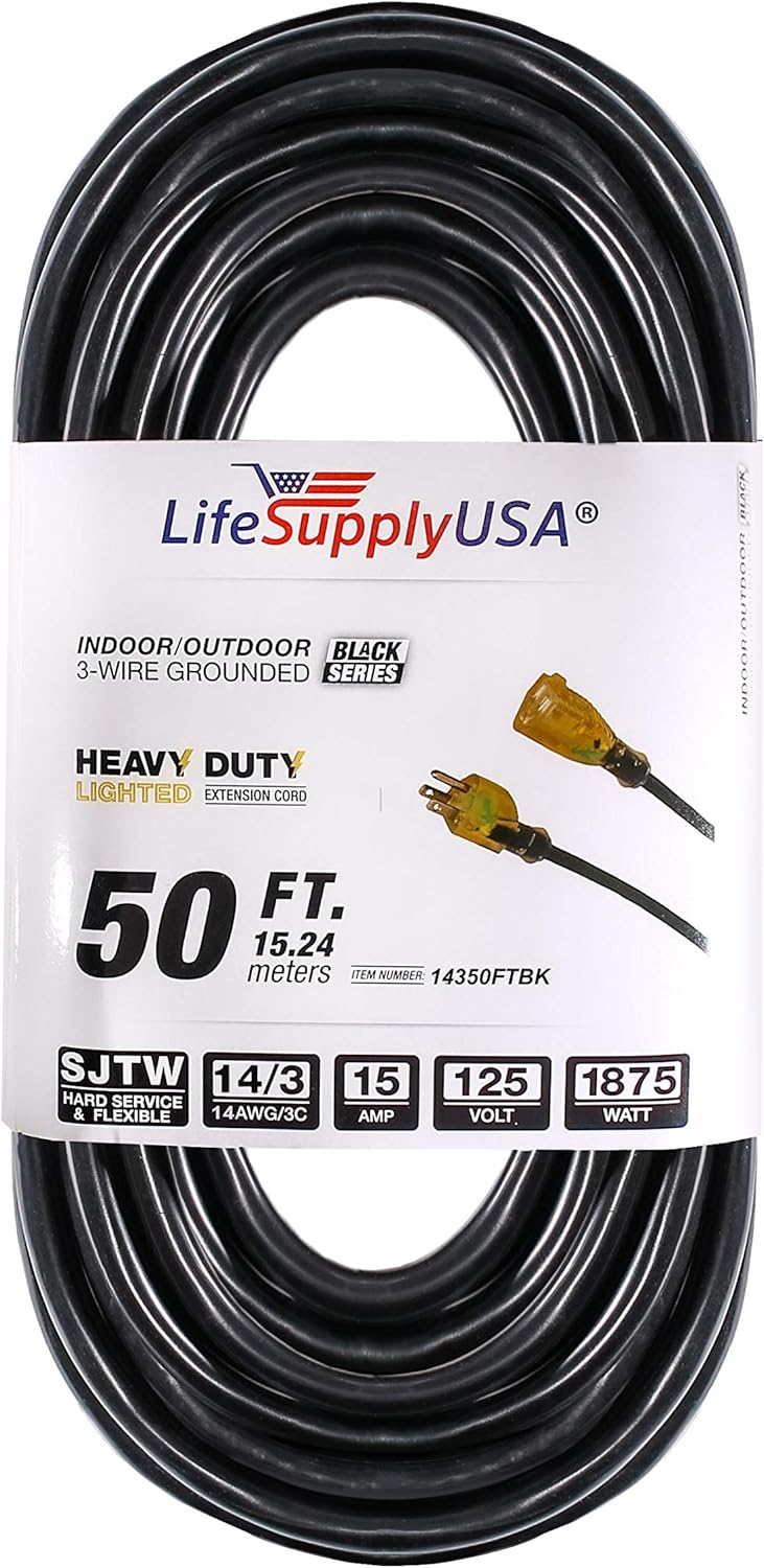 LifeSupplyUSA 50ft 1 Pack Black Heavy Duty 3 Prong Oil Resistant Light