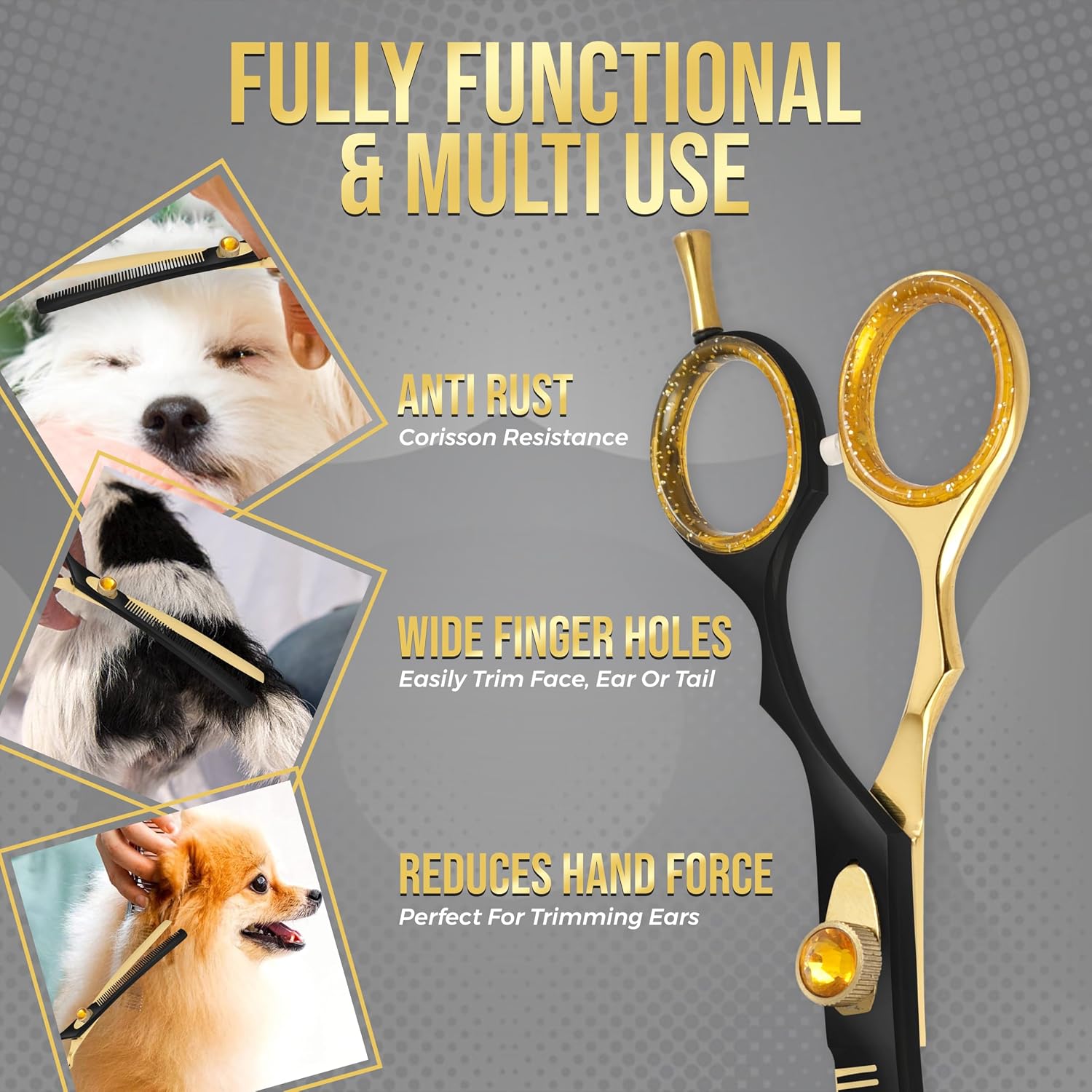 ZAVRIX Professional Dog Grooming Scissors – 7.5” Curved Thinning Shears with 34 Teeth, Pet Chunkers for Dogs & Cats, Premium 440C Stainless Steel Grooming Tools (Golden Black Curved Thinning Scissor)