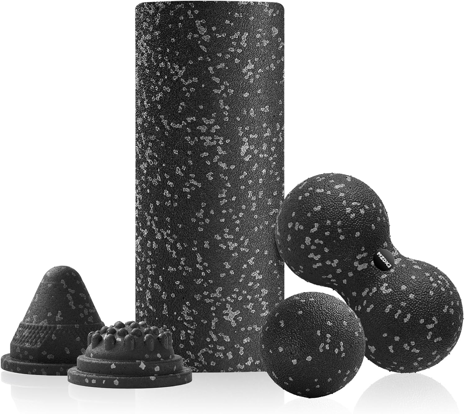 5 in 1 Foam Roller Set with Peanut Massage Ball, Curved Muscle Brush – Yoga Roller, Massage Ball, Trigger Point Triangle for Deep Tissue Relief (Black Gray)