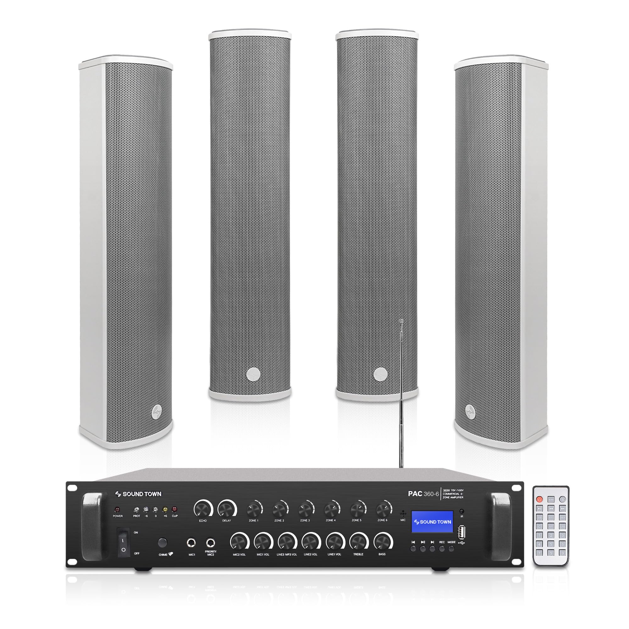 Sound Town Commercial Restaurant Bluetooth Amplifier + Column Speaker Set, with One 6-Zone 70V/100V Amplifier with Bluetooth, 4 x All-Weather Four 5-Inch Column Speakers, Grey (PAC360X4CL45G)