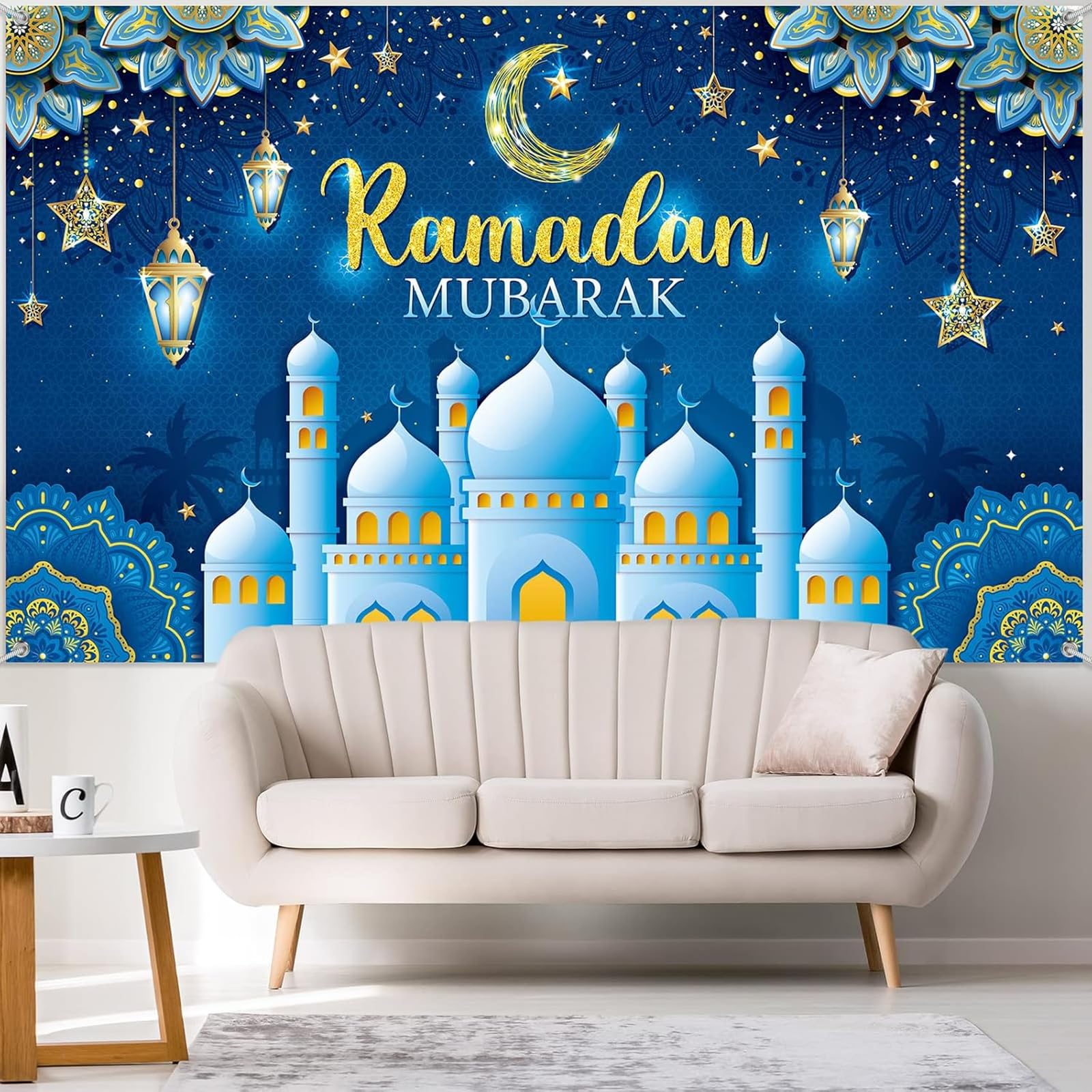 Ramadan Decorations Wall Decor Backdrop Banner Crescent Lantern Design Moon Star Night Sky with Building and Lanterns 180x110 cm for Eid Mubarak Indoor Outdoor Party Supplies Photo Props - Image 4