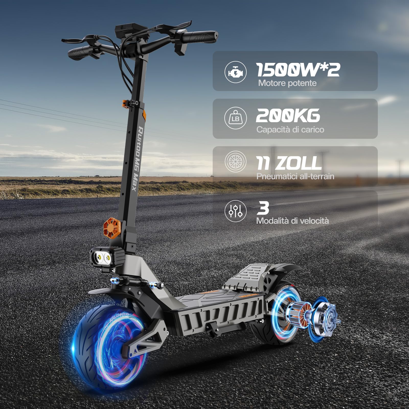 M6 Max Monopattino Elettrico, 2 Motori, Batteria 60V 20.8Ah, Portata Massima 60-70KM, Ammortizzatore Idraulico Ant., Luci LED Full, 3 Velocità, Ruote 11", 200KG, Display Intelligente